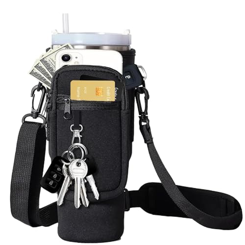 Water Bottle Holder with Strap for Stanley Cup Accessories 40 oz Water Bottle Carrier Bag with 2 Pocket Sling Neoprene,Adjustable Strap& Straw Cover.Water Bottle Sleeve for Walking Hiking Camping Gym