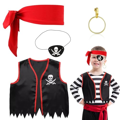 GEBETTER Kit Disfraz Pirata Niño, 1* Chaleco Infantil Negro + 1* Parche Ojo Calavera + 1* Pañuelo Cabeza Rojo + 1* Pendiente Aro Dorado, Accesorios Carnaval Halloween Cosplay Fiesta Cumpleaños Regalo