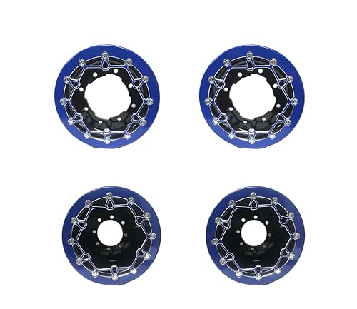 Set of 4 Billet Crusher Beadlock Wheels Compatible With Yamaha YFZ 450, YFZ 450R, Banshee, Raptor 700 – ATV Rims Front 10x5 (3+2) & Rear 9x8 (3+5), Black Powder Coat with Blue Billet Ring