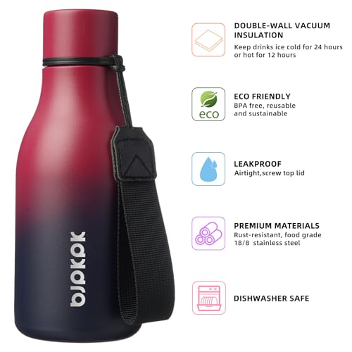 Image of BJPKPK Insulated Water Bottles, 12oz Stainless Steel Metal Water Bottle with Strap, BPA Free Leak Proof Jugs, Mugs, Flasks, Reusable Thermal Flasks for Sports & Travel, Charming Black Red