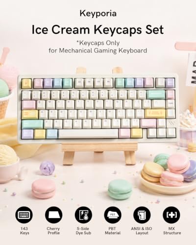 Image of Cute Ice Cream PBT Keycap Set, Cherry Profile, Dye-Sub, 143 Keys, Macaron Pastel Keycap for MX Switches Mechanical Keyboard, Compatible with 60%, 65%, 75%, 96%, Full-Sized Layout
