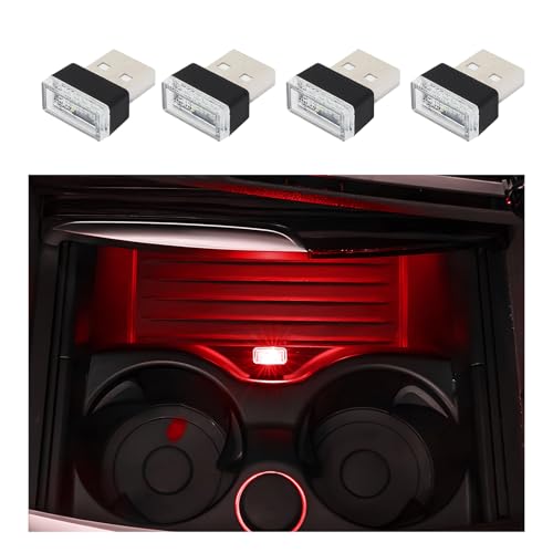 Dickno 4 PCS USB LED Car Interior Atmosphere Lamp, Portable Mini LED Night Light, Plug-in USB Interface Trunk Ambient Lighting Kit, Universal Vehicle Interior Accessories (Red)