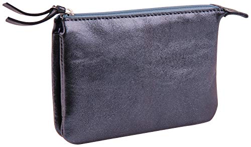 Clairefontaine 400012C - Porte-Monnaie, Trousse 2 Compartiments 13x9cm en Véritable Cuir d'Agneau, Cuirisé Pétrole
