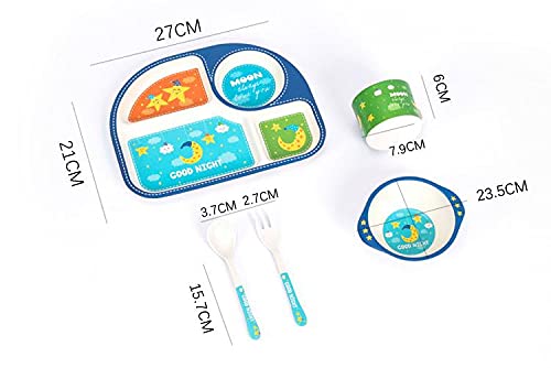 CherryBox Dinnerware Plate Set for Kids - Cartoon Design Crockery Set - Bamboo Fiber Eco Friendly (Blue Sky - 5 Pc Set) 1