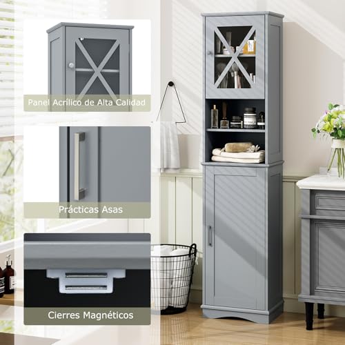 COSTWAY Armario Alto, Mueble Columna de Baño con 2 Puertas y 2 Compartimentos Abiertos, Armario Independiente de Despensa con 5 Estantes Ajustables, Mueble Estrecho con Dispositivo Antivuelco - imagen 4