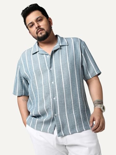 Image of Urbano Plus Men's Cotton Half Sleeve Relaxed Fit Linen Striped Shirt with Cuban Collar