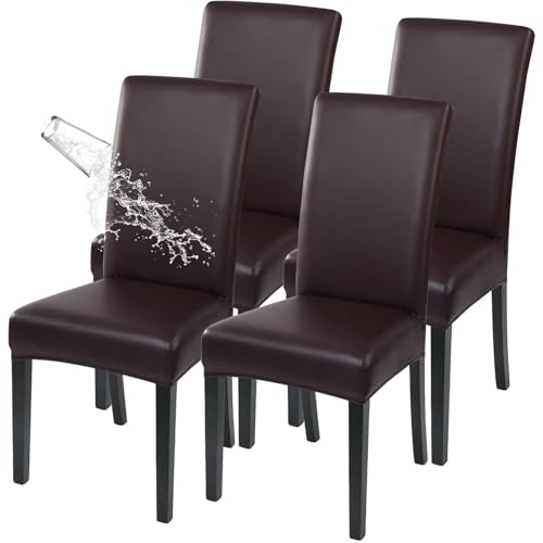 Image of SearchI Waterproof PU Leather Dining Chair Covers, Set of 4, Deep Brown