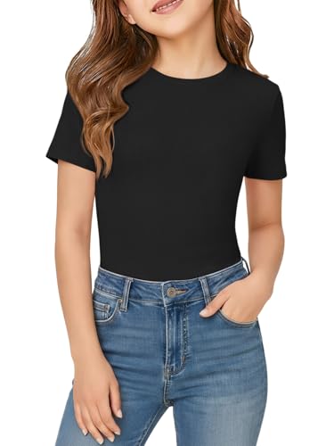 Haloumoning Girls Short Sleeve T-Shirts Kids Rib Knit Slim Fit Tops Summer Fashion Crewneck Tees 5-14 Years Black