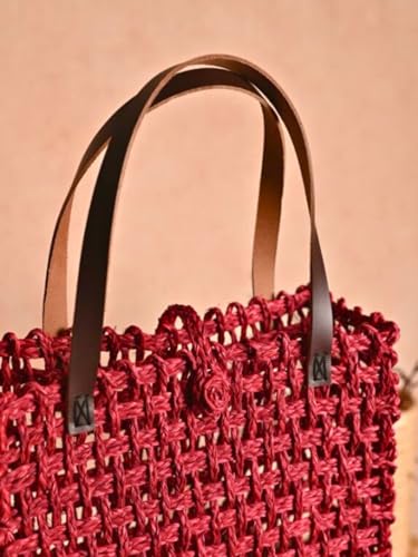 Image of KADAM HAAT Women Handmade Sabai Grass Lunch Bag, Eco-Friendly, Handcrafted, Non-Plastic Lunch Container, Red (Surkhi, Large)