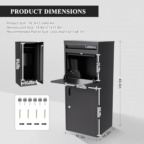 Image of Merapi Parcel Drop Boxes for Outside, 16.3 inch *15.2 inch* 40.4 inch Cold-Rolled Steel Delivery Box for Packages, Anti-Theft Lockable Package Delivery Boxes for Outside, Porch, House, Curbside, Black-BD