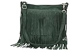 Bolso con flecos de ante AMBRA Moda WL809 - Bolso de mano para mujer, de piel, 32 x 29 x 2 cm, color Verde, talla Medium