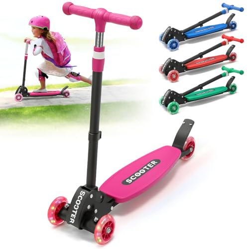 Kids Kick Scooter for Girls & Boys, 3-Wheel LED Light-Up Wheels, Lean-to-Steer, Safe & Stable Wide Deck, 3-Level Adjustable Handlebar, Heavy Duty Folding Design, for Ages 6-8 8-12