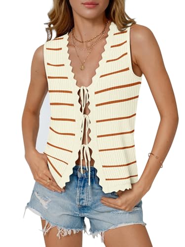 Image of COCCKO Womens Summer Tops Vacation Beach Outfits Cute Tie Front Crochet Vest Knit Sleeveless Sweaters