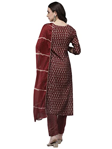 Image of ishin Women's Silk Blend Navy Blue Embroidered A-Line Kurta Trouser Dupatta Set
