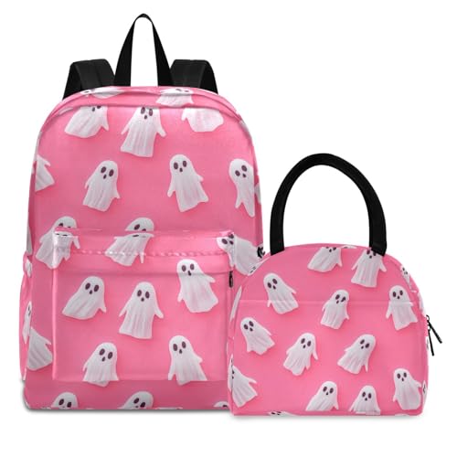 Backpack Lunch Bag Set Lovely Halloween Pattern Print, Big Storage Travel Backpacks with Insulated Lunch Box for Office Hiking Picnic