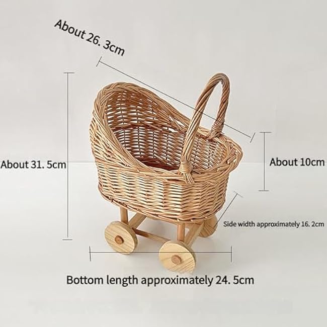 Woven Rattan Stroller Shaped Flower Basket With Handle Decorative Candy Basket for Weddings Showers Baby Showers, Party And Floral Arrangements Handwoven Rustic Decoration Easy To Carry (1)