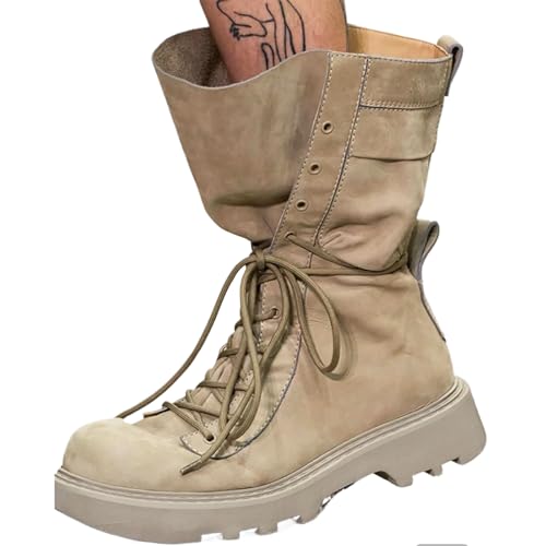 Women's Platform Mid Calf Boots Round Toe Lace up Chunky Heel Booties Casual Dress Fall Winter Shoes