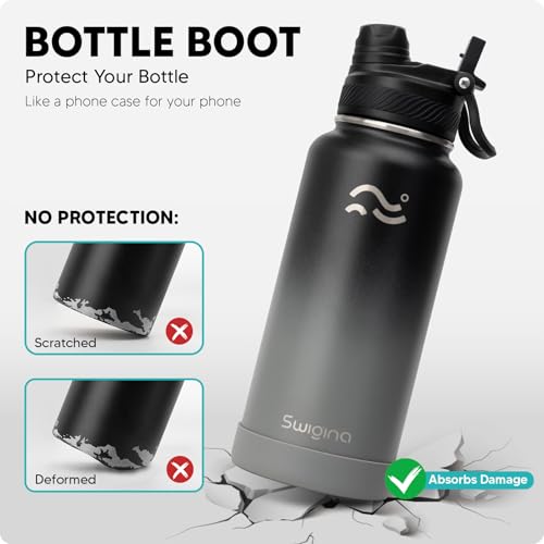 Image of Swigina [2-IN-1 LID] Insulated Water Bottle with Silicone Boot (36hrs Cold /18hrs Hot) - DIY Stickers, Leakproof, BPA Free, 32 oz