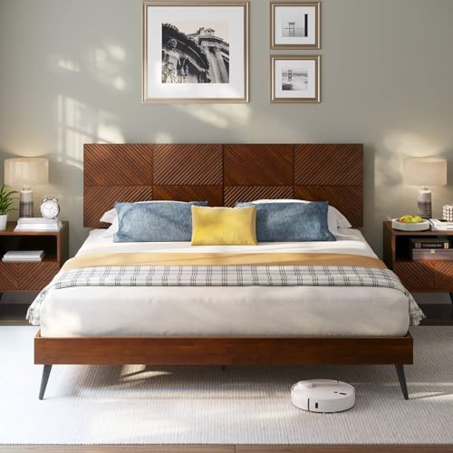 Image of Bme Rhombus King Bed Frame - Solid Rubber Wood with Geometric Rhombus Headboard, Walnut Finish, Scandinavian Modern Platform Bed with Sturdy Slats & Metal Legs, No Box Spring Needed