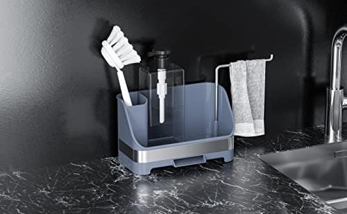 APEXCHASER Kitchen Sink Caddy Holder Set, 20cm Plastic Organiser with Soap Dispenser, Brush Holder, Sponge Storage, Tidy Container for Bathroom, Shower, Shelf Basket, Countertop, Home, Grey