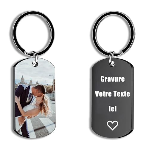 Porte Clef Personnalisable Porte Clé Photo Personnalisé Ajouter Une Image/Un Texte Cadeau Saint Valentin Homme,En Acier Inoxydable (Noir)