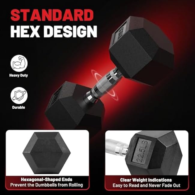 PAPABABE HEX Dumbbell Set 2.5-125lb, Rubber Encased Home Gym Dumbbells, Exercise & Fitness Weights Dumbbells for Women & Men, Hand Weight for Strength Training