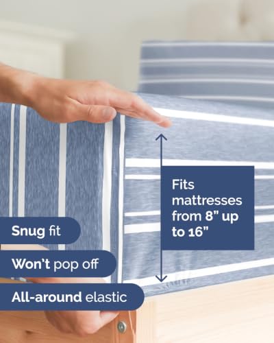 Image of Flex Top Split Head King 6 Piece Piece Sheet Set - Comfy Breathable & Cooling - Soft Hotel Luxury Bedding Set with 8-16 Inch Deep Pockets - 1 Flat & 1 Fitted Sheet & Pillowcases - Blue Stripes 3