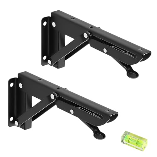 2 Piezas Estante Plegable Pesado, Bisagras Mesa Plegable Inoxidable, 200mm Soporte Estantería Plegable con Spirit Level, Ahorrar Espacio,Escuadras Abatibles para Escritorio Triangular, Banco y Mesa