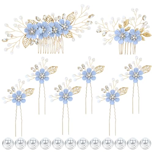 Image of Dizila 20 Pieces Bridal Wedding Party Prom Rhinestone Pearl Light Blue Flower Hair Side Combs Slides+U-shaped Flower Hair Pins+Twist Spiral Pearl Hair Pins Headpieces for Brides Bridesmaids Women Girl