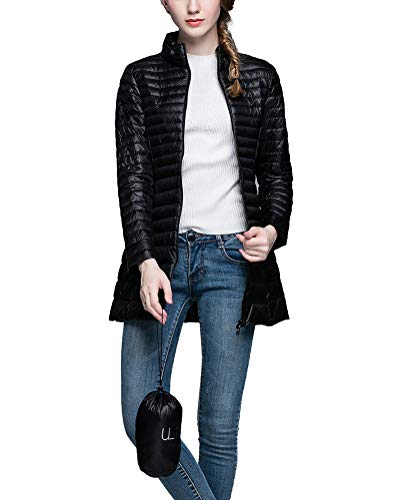 Preisvergleich Produktbild Damen Mittellange Daunenjacke Leichte Verpackbare Bepackbare Steppjacke mit Kapuze Schwarz S
