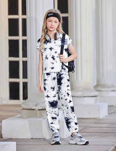 Image of Arshiner Girls Clothes 2 Piece Summer Outfits Drop Shoulder Top Pullover Sweatpants Jogger Set Sweatsuits Tracksuits 6-14Y