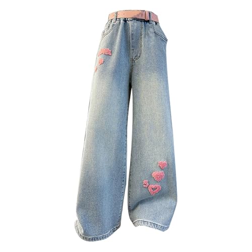 Girls Heart Embroidery Jeans 𝐘2K Baggy Heart Print High Waisted Denim Pants Teen Wide Leg Loose Straight Trousers