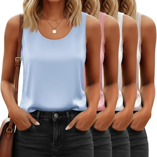 Image of 4 Pack Women's Lightweight Satin Tank Tops Silk Camisole Soft Sleeveless Layering Cami Scoop Neck Undershirt