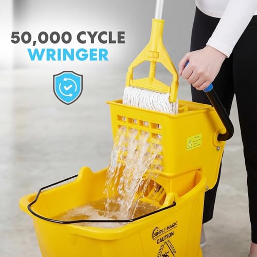 Image of SIMPLI-Magic Side Press Wringer Combo Commercial Mop Bucket on Wheels, 2-Pack, 35 Quart, Yellow, Including Wet Floor Caution Sign and Mop Set, Polyethylene