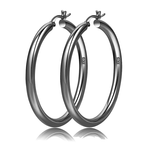 OOOPEL 4mm Thick Black Chunky Earrings Steling Silver Hoops Earrings For Women Hollow Tube Hoops Earrings Thick Chunky Hoops Hypoallergenic Lightweight Large Black Hoop Earrings