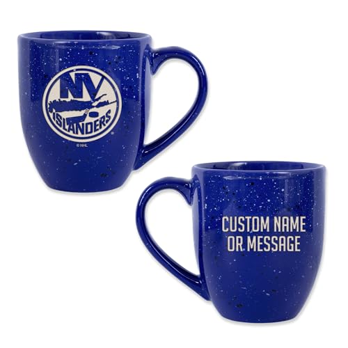 Image of Rico Industries NHL Hockey New York Islanders Royal Personalized 16 oz Team Color Laser Engraved Speckled Ceramic Coffee Mug