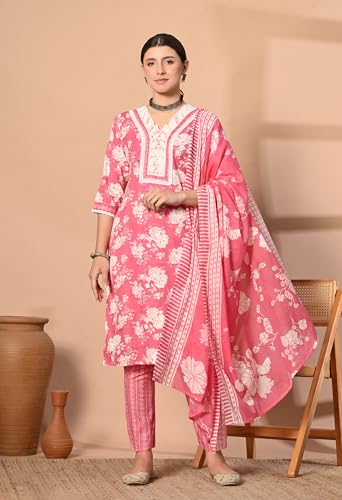 Image of Women's Cotton Stitched Straight Salwar Suit Set | Printed Cotton Dupatta, Embroidered Round Neck Ethnic Kurta, with Pant
