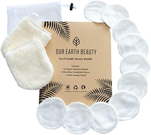 Reusable Makeup Remover Pads and Microfiber Face Cleansing Gloves | 12 Pack with Laundry Bag | 100% Organic Bamboo Cotton | Eco-friendly | Waste Free | Luxury