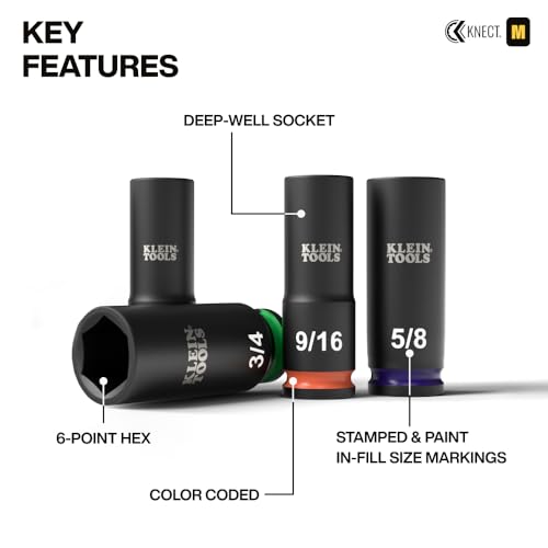 Image of Klein Tools 65109IMPCT KNECT Deep-Well 3 /8-Inch Drive Impact Socket Set, SAE, 9-Piece Tool Set with Impact Driver Adapter, Multi-Purpose Wrench Adapter, Color-Coded, MODbox Socket Organizer