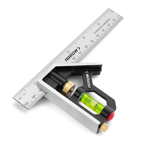 Arrow Combination Square, 6-Inch Combo Square with Stainless Steel Ruler, Zinc Alloy Body and Bubble Level for Carpenters and Craftsmen
