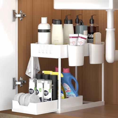 Rangement sous Evier 2 Niveaux, Coulissant Organiseur sous Évier Etagere Tiroir,Panier de rangement multifonction pour salle de bain, étagère sous placard,...