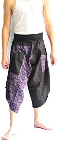 Siam Trendy Men's Japanese Style Pants One Size Black and Blue Thai Art Design