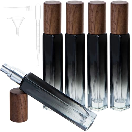Juego de 5 botellas de perfume recargables de viaje de 10 ml, mini botellas de perfume de vidrio vacías, atomizador de colonia portátil, tamaño de viaje, kit de botellas de repuesto con tapa de madera