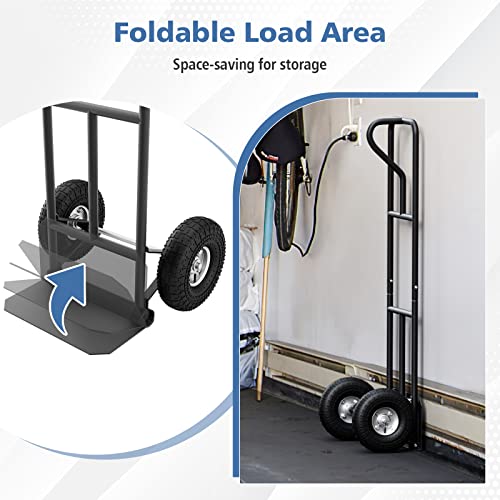 Goplus Hand Truck, P-Handle Hand Truck Dolly W/Vertical Loop Handle, 10” Pneumatic Rubber Wheels, 15”X 8” Foldable Nose Plate, 660Lbs Capacity, Heavy Duty Metal Dolly Cart For Lifting, Stairs (Black) #TOP1