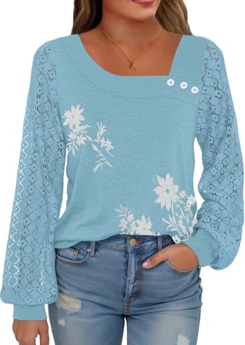 Womens Lace Sleeve Tops Fall Shirts Casual Loose Square Neck Button Blouses