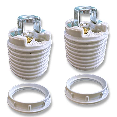 RXEAZIL E26 Ceramic Threaded Light Socket with White Aluminum Shade Ring, UL Listed Medium Base Standard Screw-in Light Bulb Socket Replacement, Porcelain Lamp Holder for Halogen LED Bulb (2)