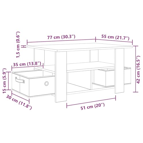Table basse chêne Sonoma 77x55cm avec 2 tiroirs et étagère de rangement