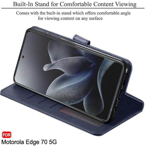Image of TheGiftKart Flip Cover Back Case for Motorola Moto Edge 70 5G | Genuine Leather Finish | Designer Button | Inbuilt Pockets & Stand | Wallet Style Flip Case Cover for Moto Edge 70 (Faux Leather, Blue)