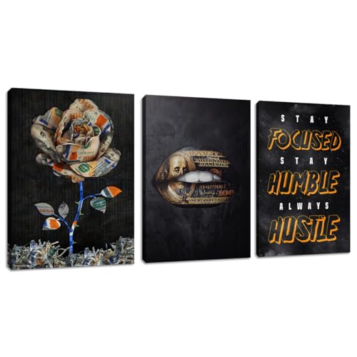 Motivational Canvas Painting Wall Art Flower Landscape Hustle Grind Inspirational Wall Art 3 Pieces Canvas Prints Framed Entrepreneur Poster Positive Quotes Wall Poster for Home Office Wall Decor