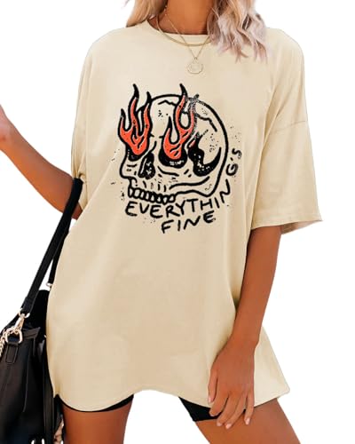 Everything is Fine Shirt Women Halloween Shirts Trendy Oversized T Shirt Vintage Skeleton Graphic Tees Rock Hippie Top3